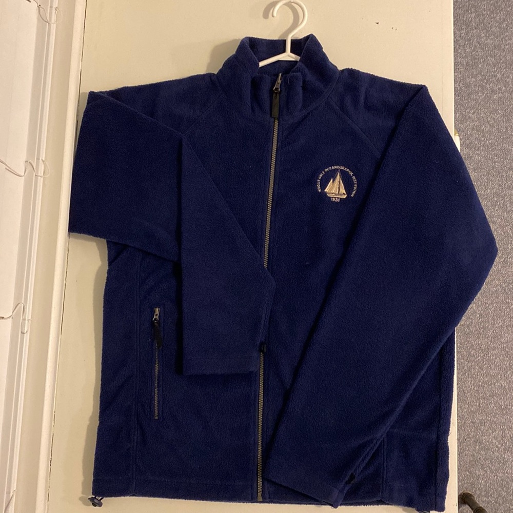 Vintage navy blue, thick warm Sherpa/Fleece zip up with zippered pockets.
